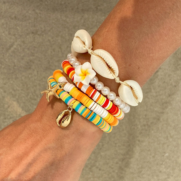 Shell Handmade Geometric And Flower Patterned Starfish Pendant Stacked Bracelet For Women