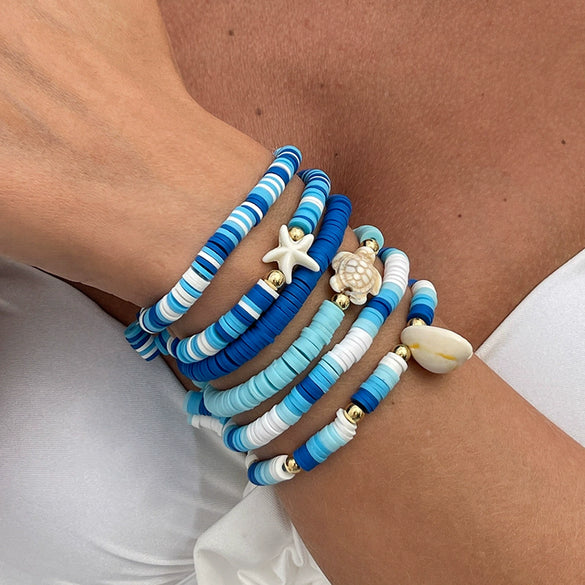 Shell Handmade Geometric And Flower Patterned Starfish Pendant Stacked Bracelet For Women