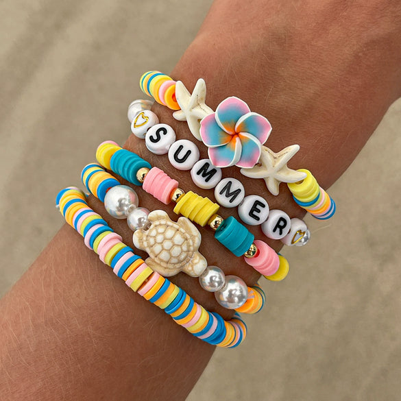 Shell Handmade Geometric And Flower Patterned Starfish Pendant Stacked Bracelet For Women