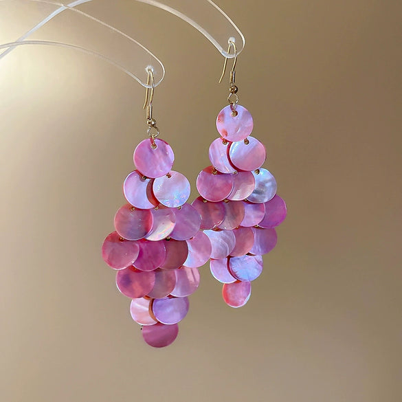 Shell Handmade Geometric Round Tassel Earrings For Women Light Luxury Sweet Small Fresh All Match