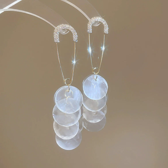 Shell Handmade Geometric Round Tassel Earrings For Women Light Luxury Sweet Small Fresh All Match
