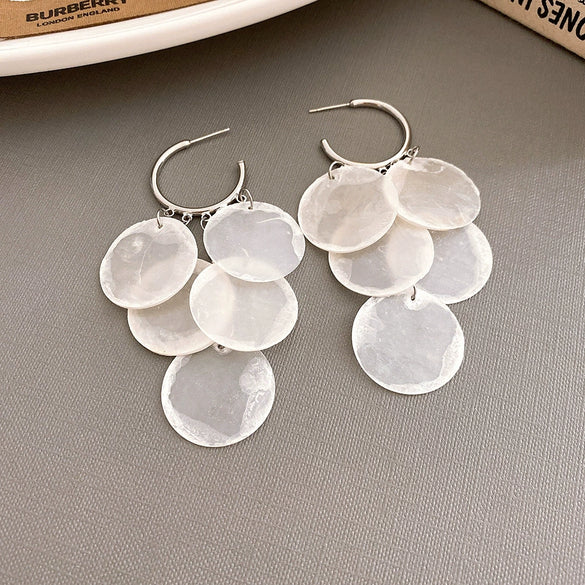 Shell Handmade Geometric Round Tassel Earrings For Women Light Luxury Sweet Small Fresh All Match