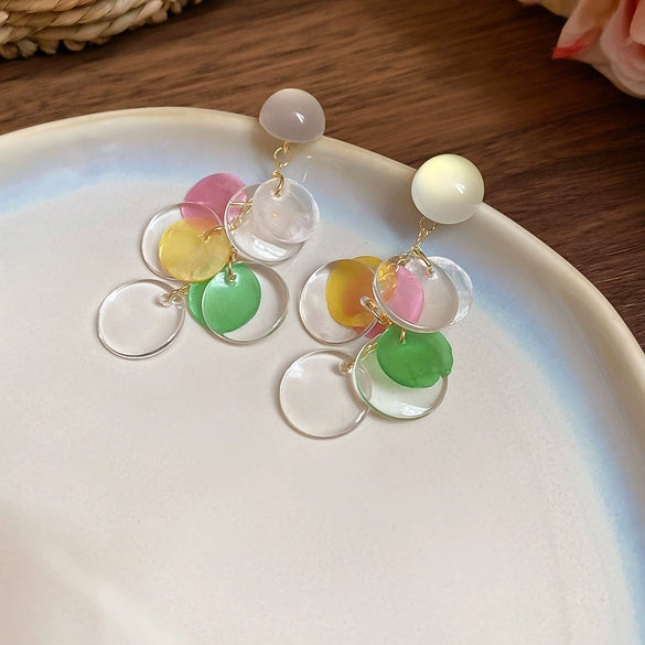 Shell Handmade Geometric Round Tassel Earrings For Women Light Luxury Sweet Small Fresh All Match