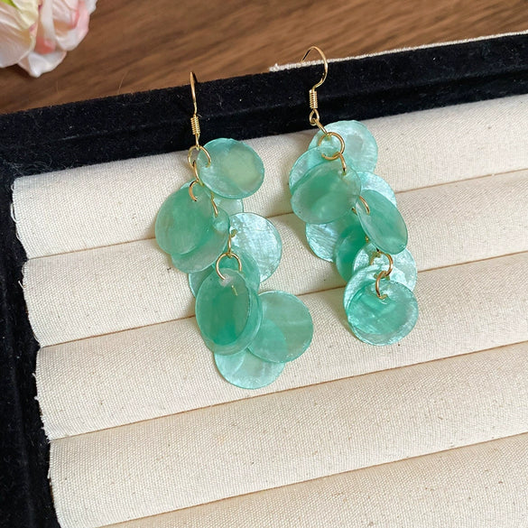 Shell Handmade Geometric Round Tassel Earrings For Women Light Luxury Sweet Small Fresh All Match
