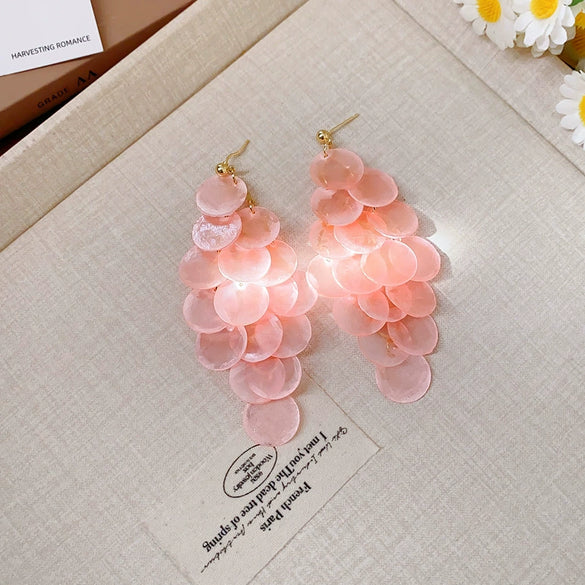 Shell Handmade Geometric Round Tassel Earrings For Women Light Luxury Sweet Small Fresh All Match