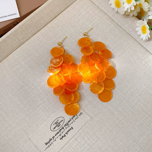 Shell Handmade Geometric Round Tassel Earrings For Women Light Luxury Sweet Small Fresh All Match