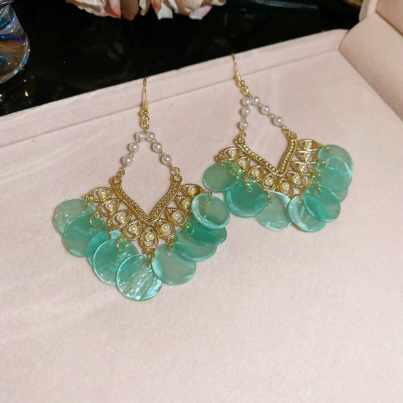 Shell Handmade Geometric Round Tassel Earrings For Women Light Luxury Sweet Small Fresh All Match