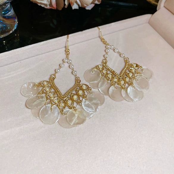 Shell Handmade Geometric Round Tassel Earrings For Women Light Luxury Sweet Small Fresh All Match