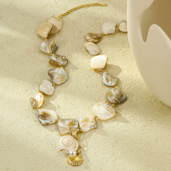 Shell Pearl Stainless Steel Necklace Marine Series Vacation Style Electroplated Jewelry For Women