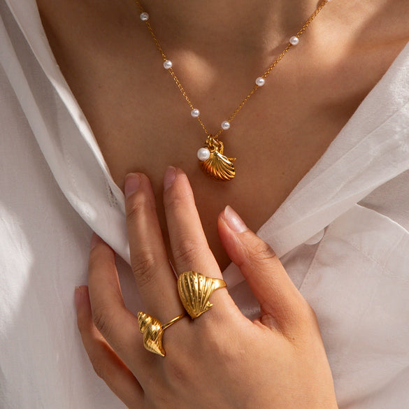 Shell Ring Starfish Pearl Imitation Pearl Necklace Stainless Steel Electroplating Geometric Style