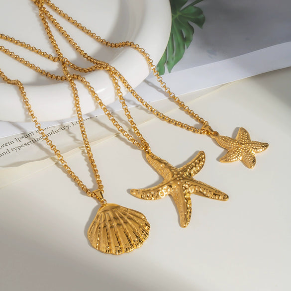 Shell Starfish Pendant Necklace Stainless Steel Ochain Necklace With Pvd Furnace Vacuum Real Gold Plating For Women Casual Minimalist Style