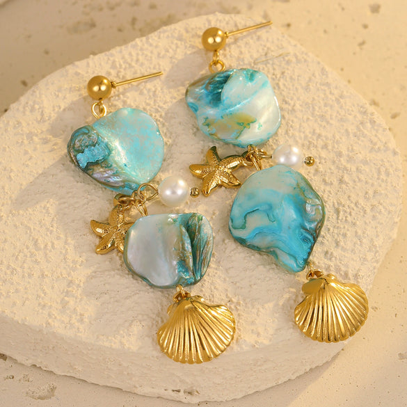 Shell Starfish Stainless Steel Tassel Pearl Pendant Earrings Jewelry Electroplating Women's Vacation Style