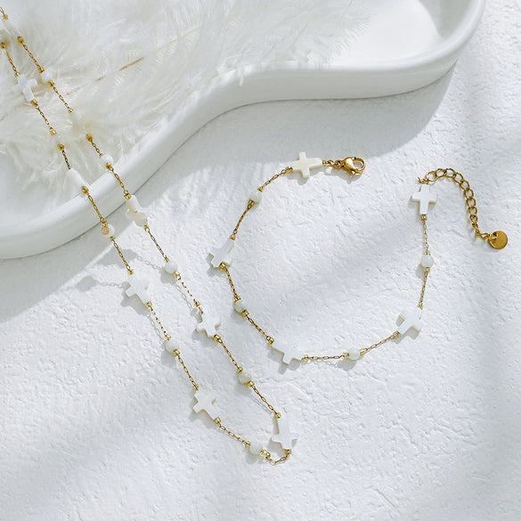 Shell String Beads Stainless Steel Chain Jewelry Set With Geometric Style And Electroplating Process