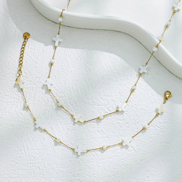 Shell String Beads Stainless Steel Chain Jewelry Set With Geometric Style And Electroplating Process
