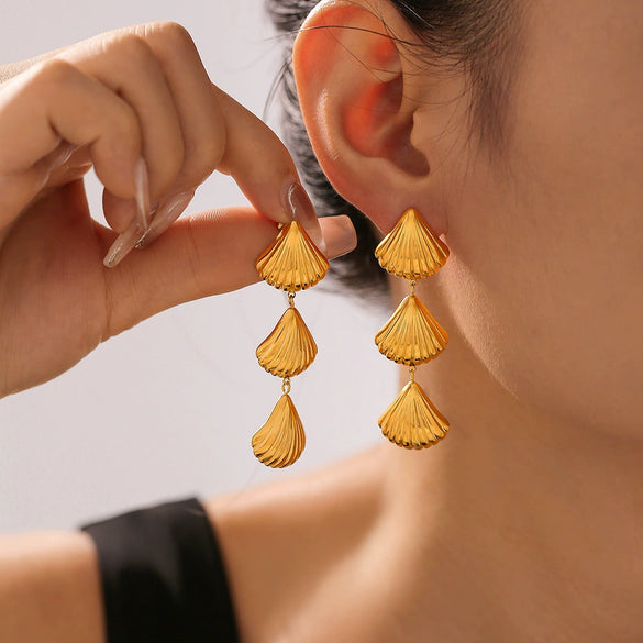 Shell Tassel Earrings 316L Stainless Steel Gold Plated Geometric Retro Design