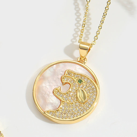 Shell Zircon Inlaid Disc Tigershaped Pendant Necklace Copper Electroplated Mixed Gemstone Setting For Women