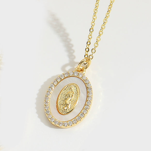 Shell Zircon Inlaid Disc Tigershaped Pendant Necklace Copper Electroplated Mixed Gemstone Setting For Women