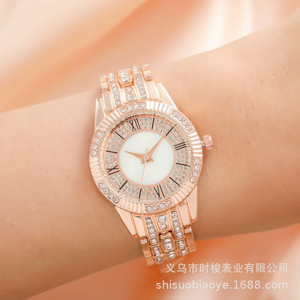 Shellfaced Diamondencrusted Women's Quartz Casual Watch With Alloy Case And Strap Round Dial