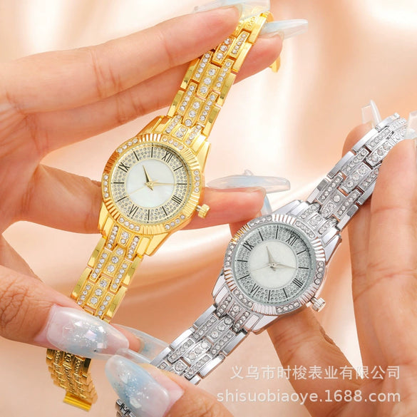 Shellfaced Diamondencrusted Women's Quartz Casual Watch With Alloy Case And Strap Round Dial