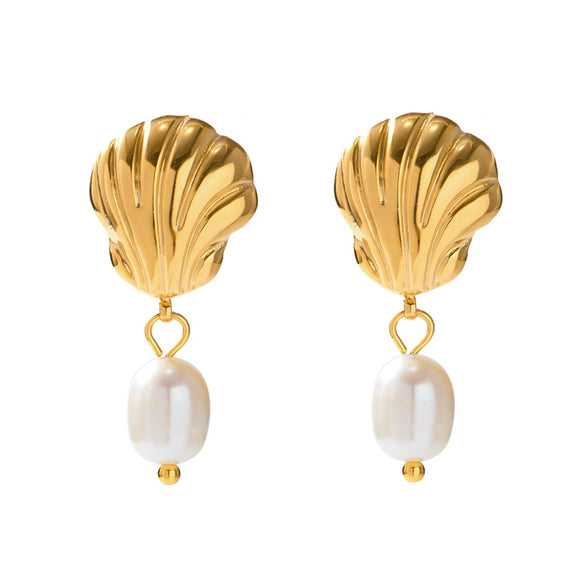 Shellshaped Natural Freshwater Pearl Earrings Stainless Steel Jewelry Electroplated Original Design Minimalist For Women