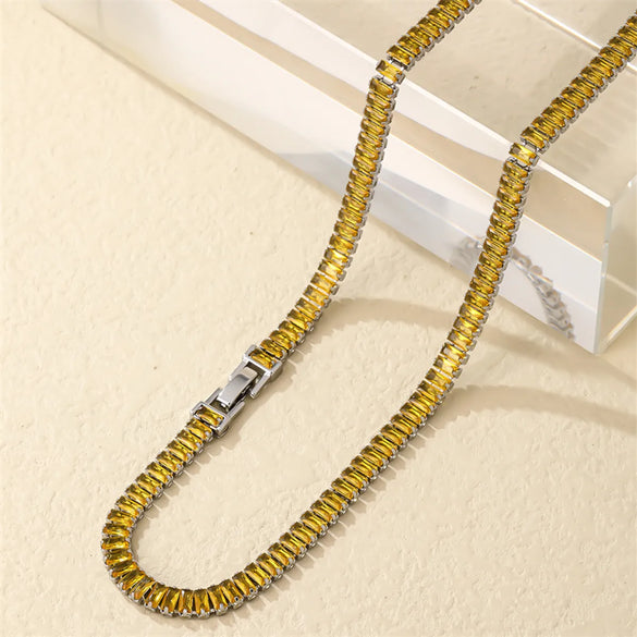 Shiny Rectangle Copper Plating Inlay Zircon White Gold Plated Necklace