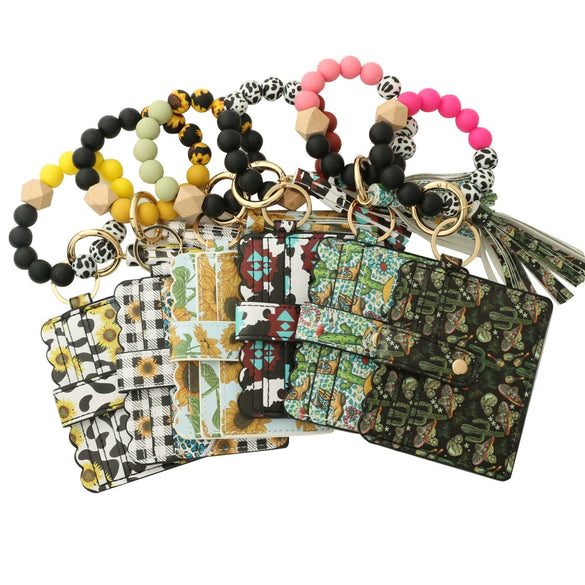 Silicone Bead Card Bag Western Style Cow Tau Sunflower Keychain Bracelet Wallet