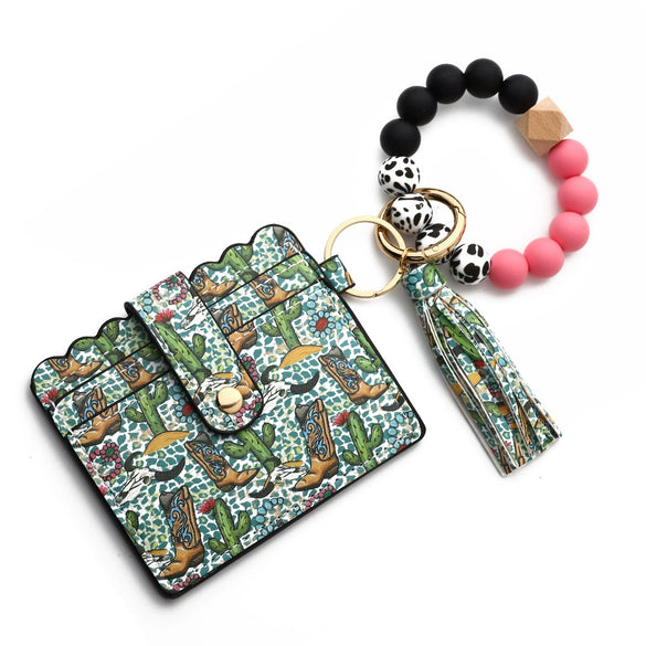 Silicone Bead Card Bag Western Style Cow Tau Sunflower Keychain Bracelet Wallet