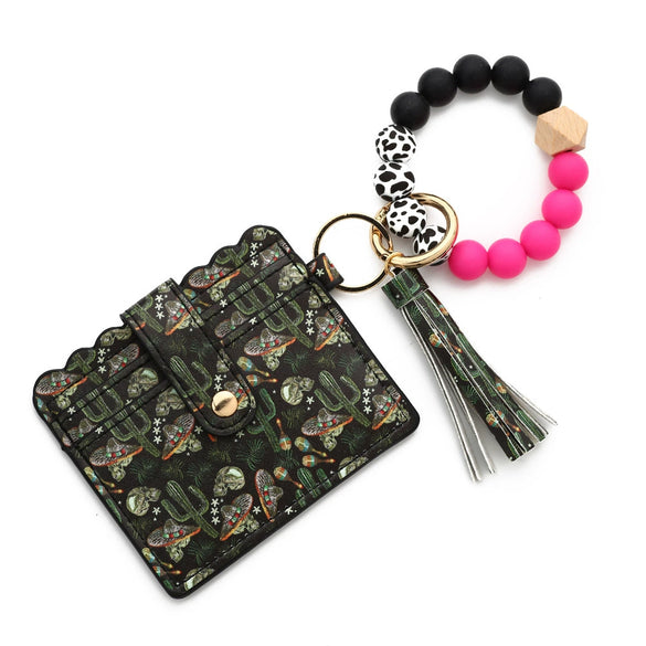 Silicone Bead Card Bag Western Style Cow Tau Sunflower Keychain Bracelet Wallet