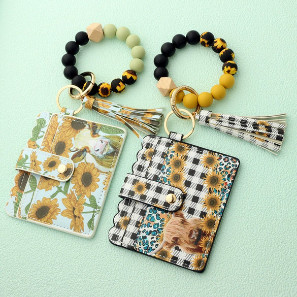 Silicone Bead Card Bag Western Style Cow Tau Sunflower Keychain Bracelet Wallet