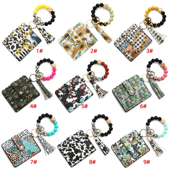 Silicone Bead Card Bag Western Style Cow Tau Sunflower Keychain Bracelet Wallet