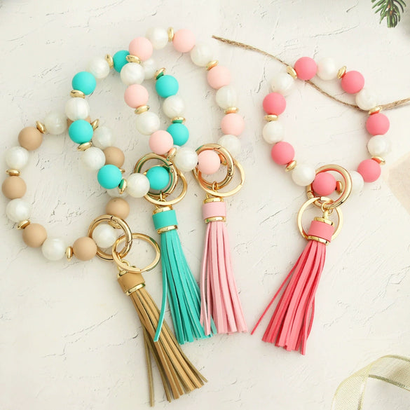 Silicone Bead Handmade Geometric Style Women's Wrist Bracelet With Tassel Pendant And Antilost Wooden Bead