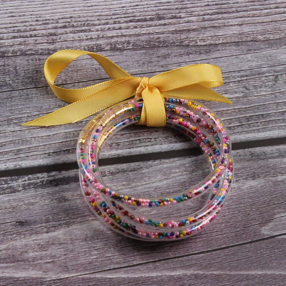 Silicone Five Layer Bracelet With Solid And Mixed Colors And Ribbon Lovely Style Jelly Bangles