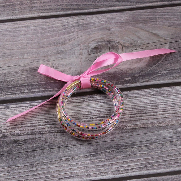 Silicone Five Layer Bracelet With Solid And Mixed Colors And Ribbon Lovely Style Jelly Bangles