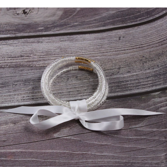 Silicone Five Layer Bracelet With Solid And Mixed Colors And Ribbon Lovely Style Jelly Bangles