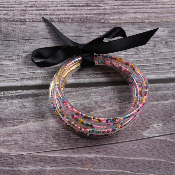 Silicone Five Layer Bracelet With Solid And Mixed Colors And Ribbon Lovely Style Jelly Bangles