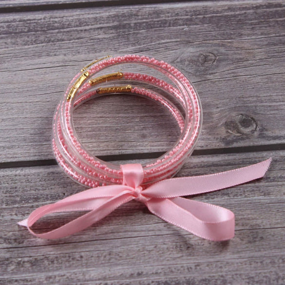 Silicone Five Layer Bracelet With Solid And Mixed Colors And Ribbon Lovely Style Jelly Bangles