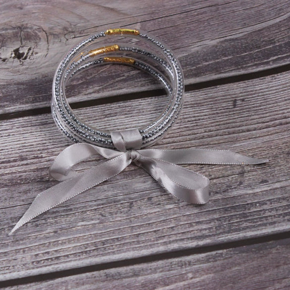 Silicone Five Layer Bracelet With Solid And Mixed Colors And Ribbon Lovely Style Jelly Bangles