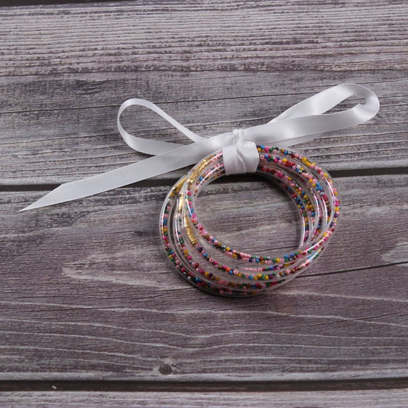 Silicone Five Layer Bracelet With Solid And Mixed Colors And Ribbon Lovely Style Jelly Bangles