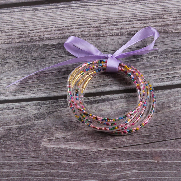 Silicone Five Layer Bracelet With Solid And Mixed Colors And Ribbon Lovely Style Jelly Bangles