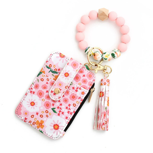 Silicone Id Bag Bracelet Card Case Keychain Wallet With Floral Pattern