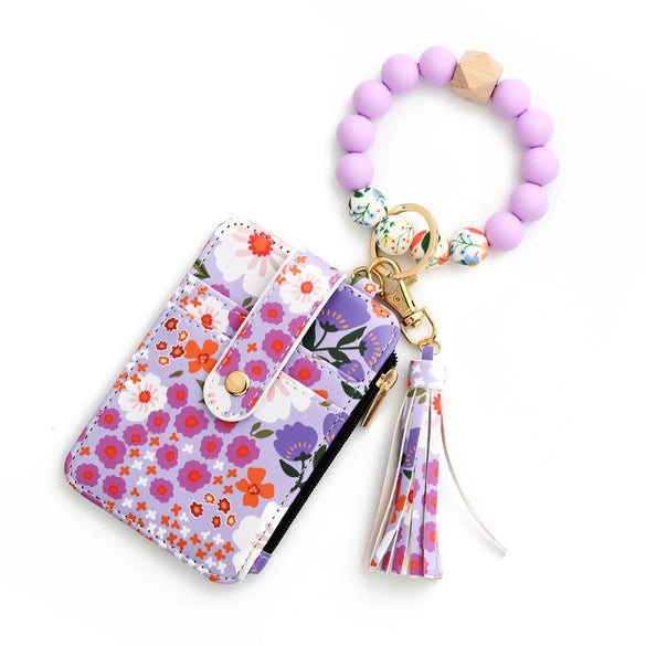 Silicone Id Bag Bracelet Card Case Keychain Wallet With Floral Pattern