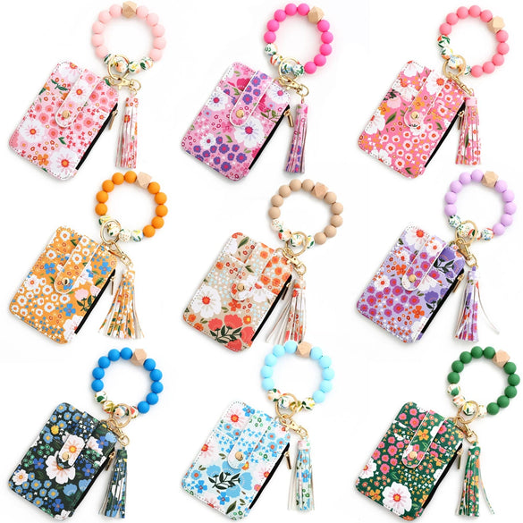 Silicone Id Bag Bracelet Card Case Keychain Wallet With Floral Pattern