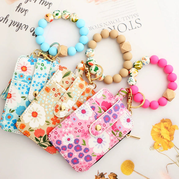 Silicone Id Bag Bracelet Card Case Keychain Wallet With Floral Pattern