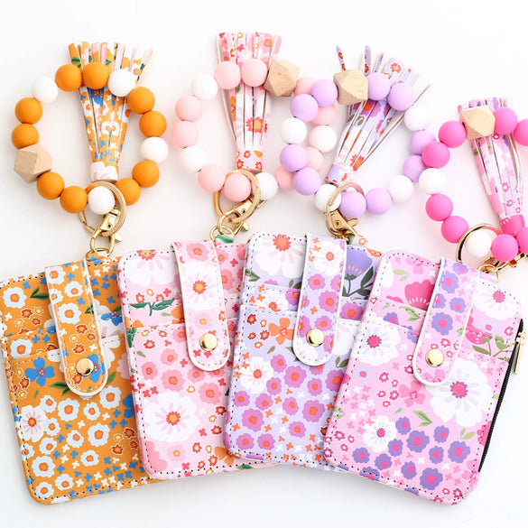 Silicone Id Bag Folding Card Bag Leather Wallet Keychain With Floral Pattern Modern Simplicity Style