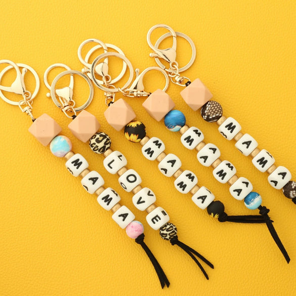 Silicone Keychain Bracelet Bag Pendant Round Wood Beads Modern And Minimalist Style