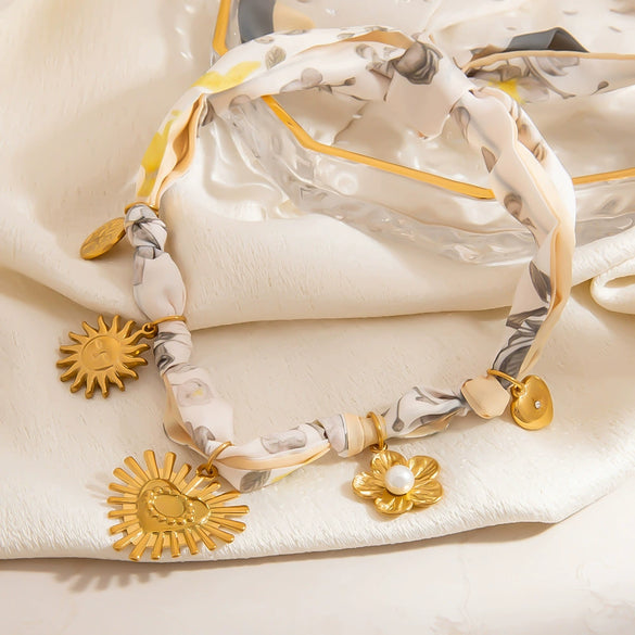 Silk Scarf Necklace Stainless Steel Heart And Flower Pendant Electroplating