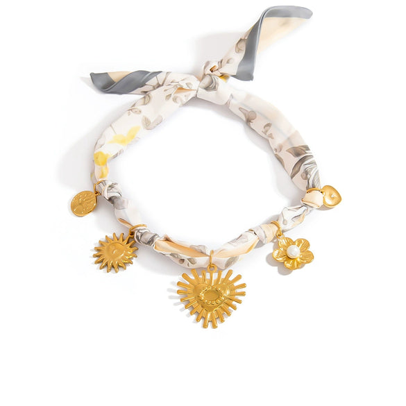 Silk Scarf Necklace Stainless Steel Heart And Flower Pendant Electroplating