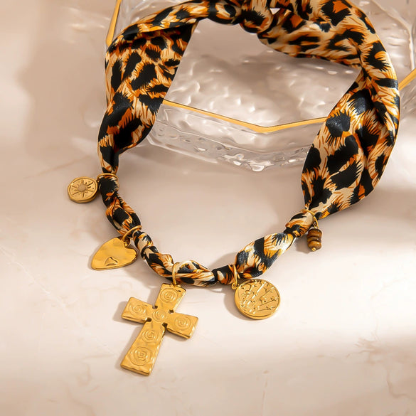 Silk Scarf Stainless Steel Necklace With Leopard Print Geometric And Heart Shapes Electroplating For Women