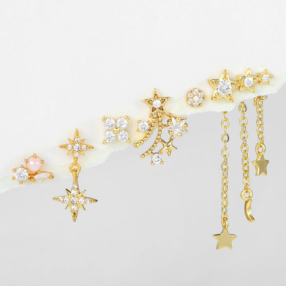 Silver And Copper Needle Ear Piercing Set With Microencrusted Zircon And Eightpointed Star Design For Women