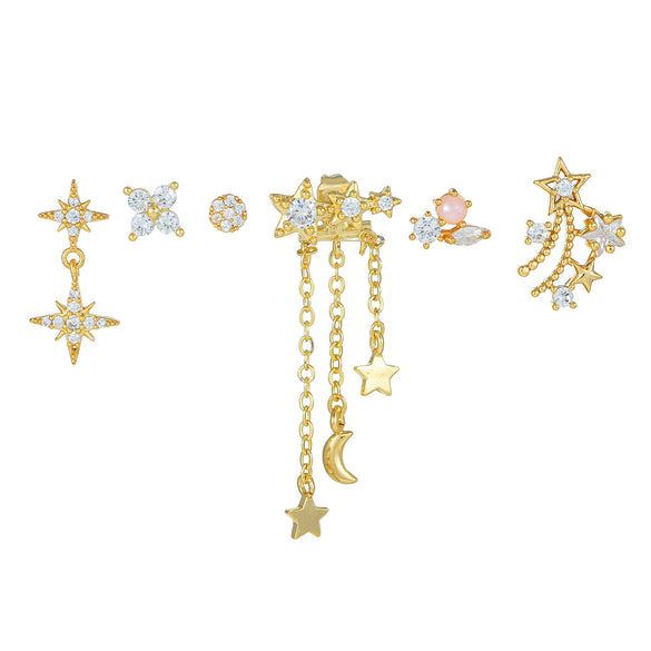 Silver And Copper Needle Ear Piercing Set With Microencrusted Zircon And Eightpointed Star Design For Women
